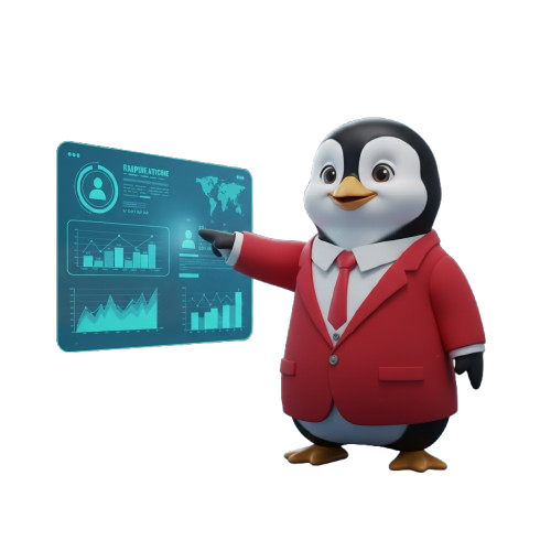 penguin in red suit presenting futuristic digital charts and graphs on a holographic screen