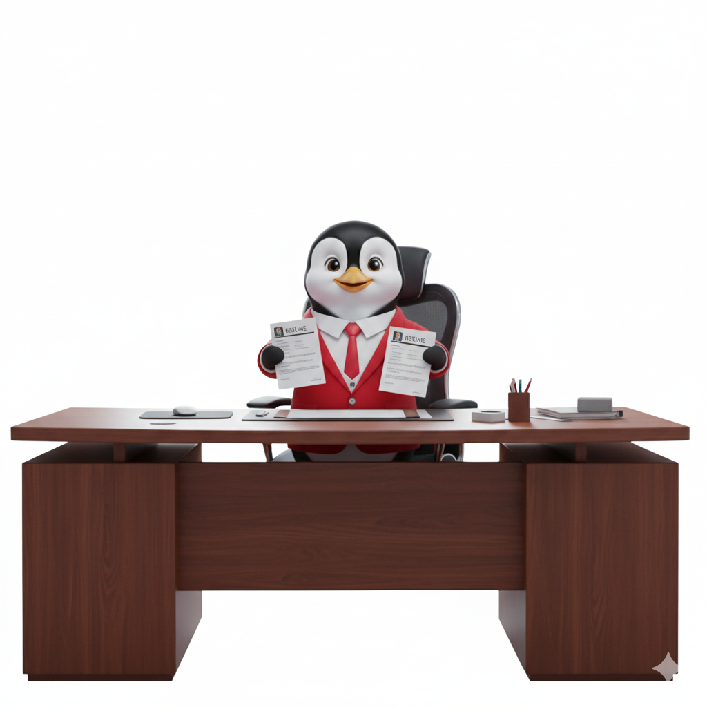 penguin in red suit at desk holding resumes, like a recruiter