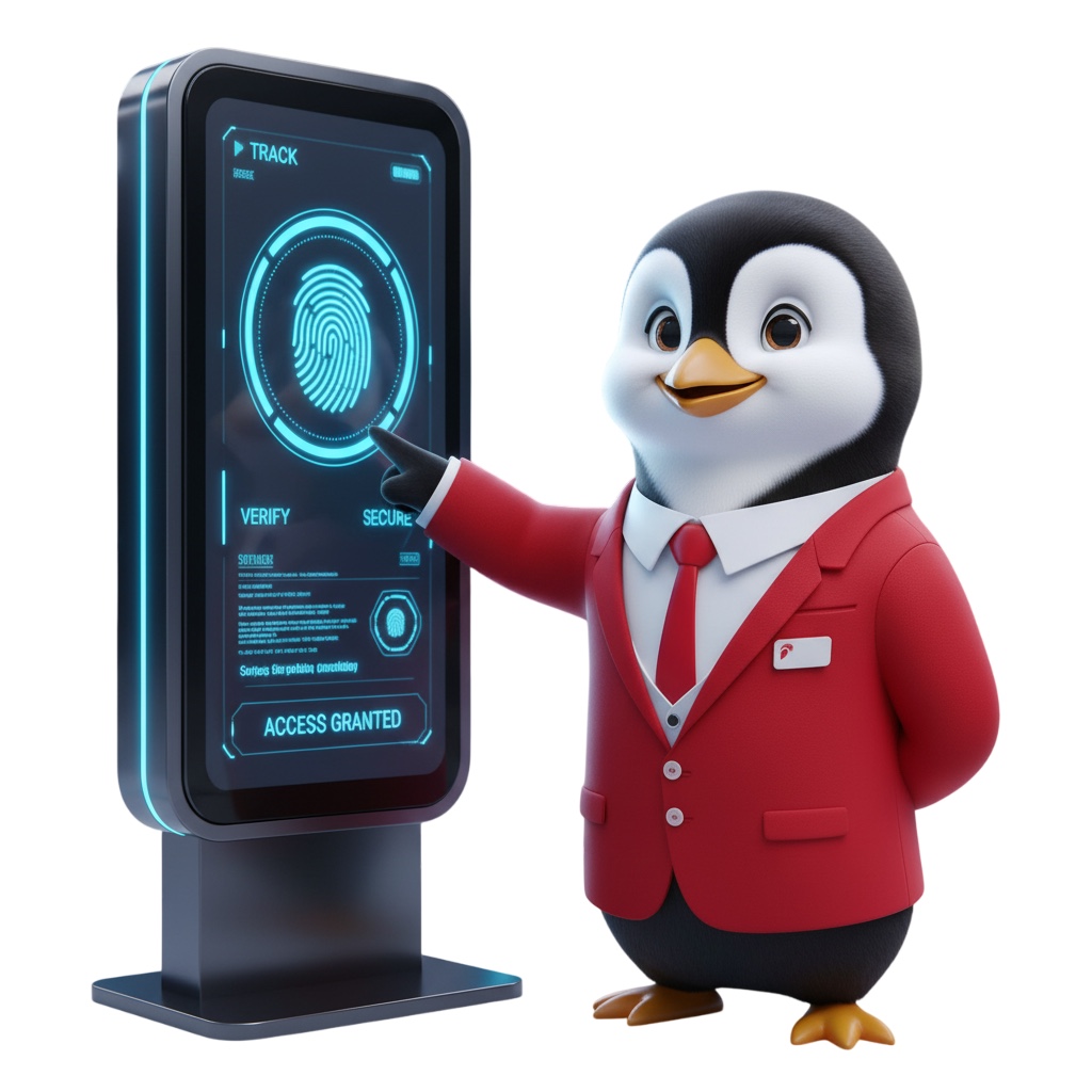 HRTailor mascot at biometric kiosk