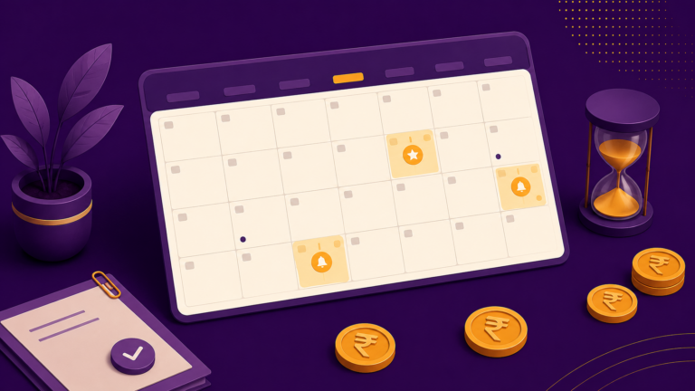 Statutory compliance calendar 2026-27 - editorial grid with amber date markers, rupee coins and hourglass on purple background