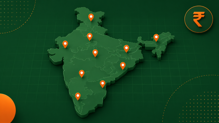 PT and LWF registration India - stylised map of India with 10 saffron pin markers on forest-green background
