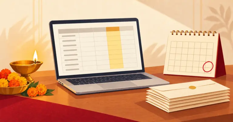 Diwali bonus 2026 for employers: a diya and marigolds beside a laptop payroll sheet with the bonus column highlighted, a calendar with the deadline circled and payslip envelopes