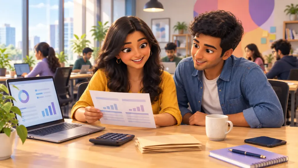 Small business owner and employee checking a payslip together in a modern Indian startup office