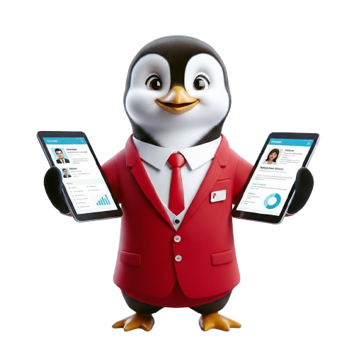 HRTailor penguin mascot presenting the Cloud HRMS on two phones